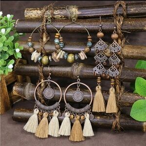 3 Pairs Boho Ethnic Bronze Drop Earrings Set